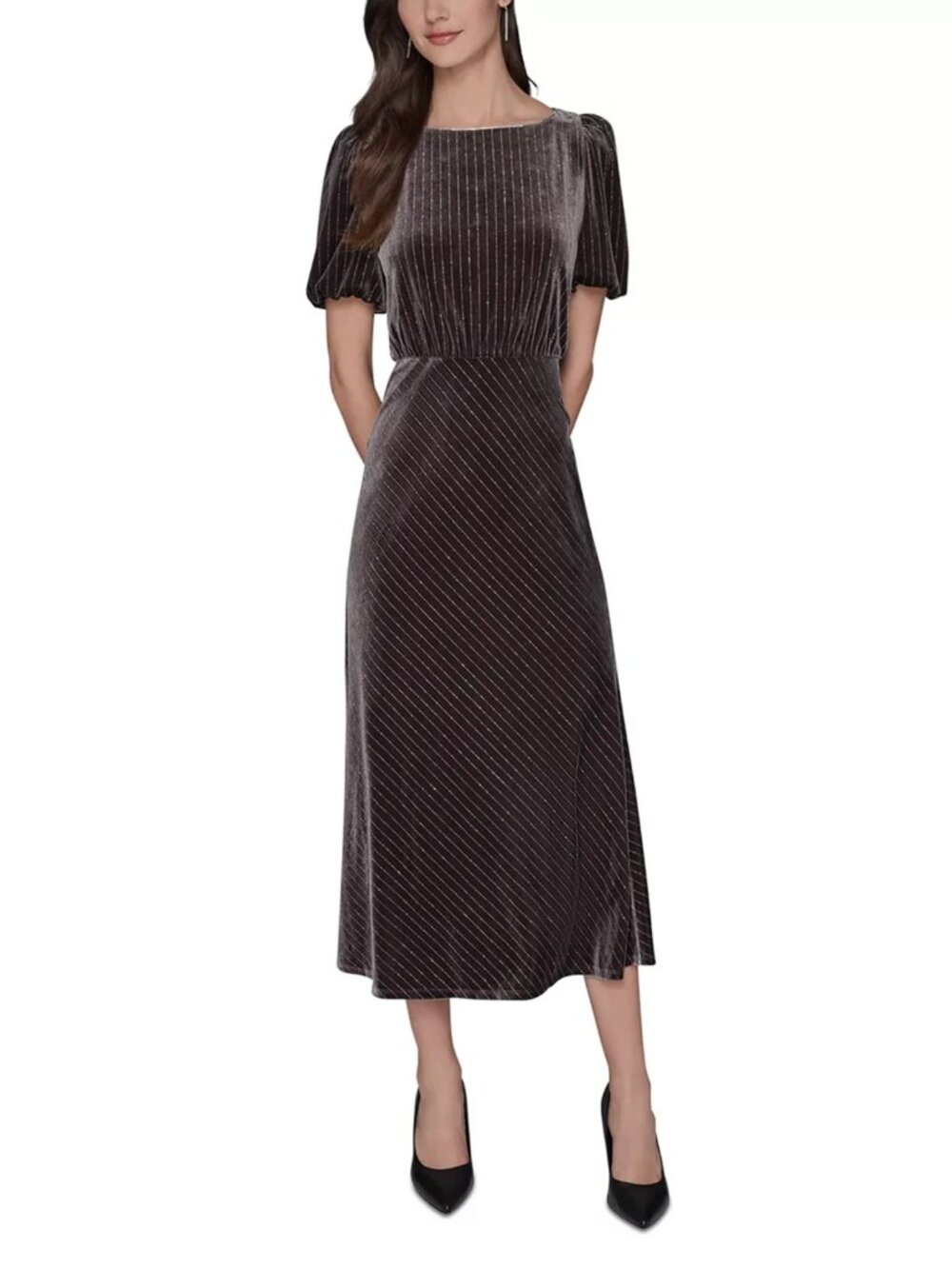 Karl Lagerfeld Paris Black Velvet Maxi Dress with Metallic Pinstripes